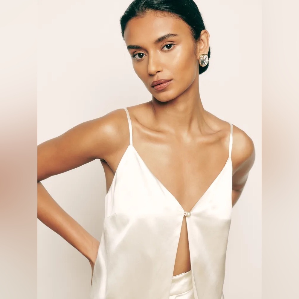 Reformation Satin Cream Wide-Leg Jumpsuit Romper Set - Picture 2 of 7